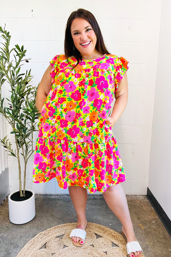 Be Charming Lime &amp; Pink Floral Print Tiered Ruffle Sleeve Dress | Nikki &amp; Co. Boutique