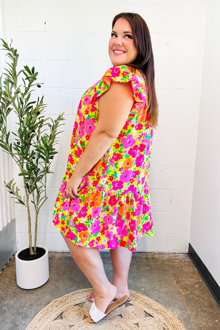 Be Charming Lime &amp; Pink Floral Print Tiered Ruffle Sleeve Dress | Nikki &amp; Co. Boutique