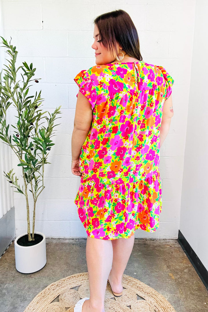 Be Charming Lime &amp; Pink Floral Print Tiered Ruffle Sleeve Dress | Nikki &amp; Co. Boutique