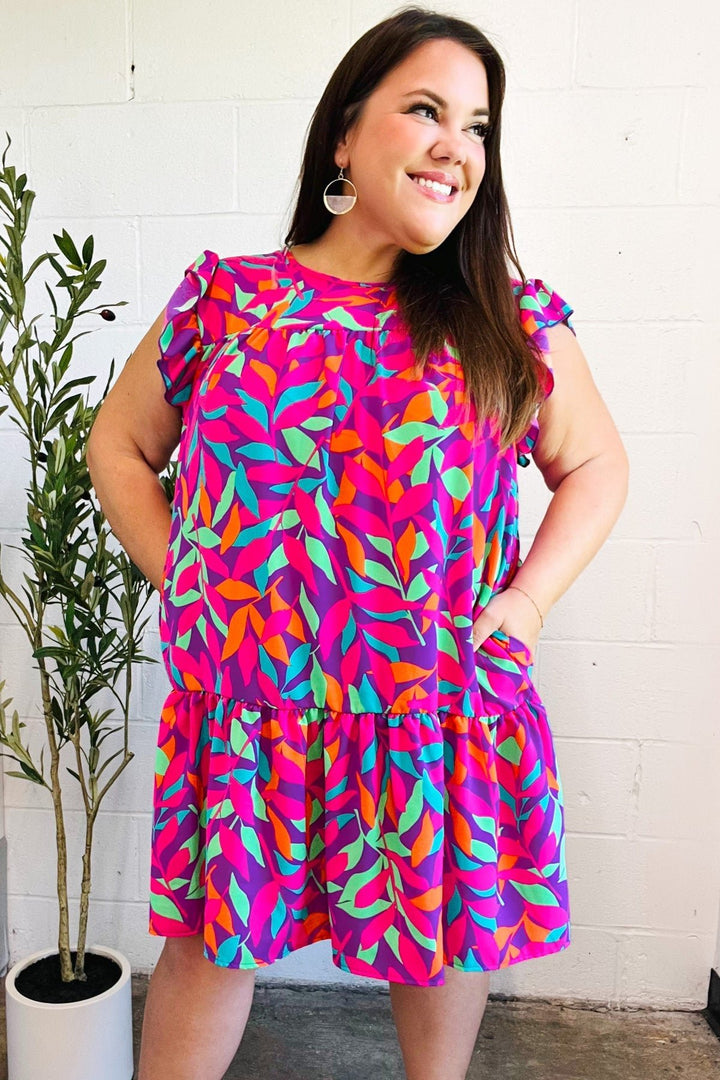 You Got This Purple Abstract Floral Print Tiered Ruffle Sleeve Dress - Nikki &amp; Co. Boutique