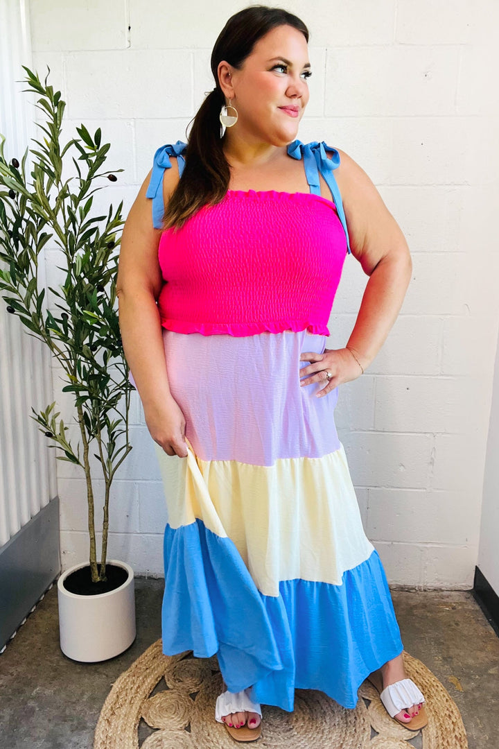 Vacay Vibes Hot Pink &amp; Blue Smocked Color Block Maxi Dress | Nikki &amp; Co. Boutique