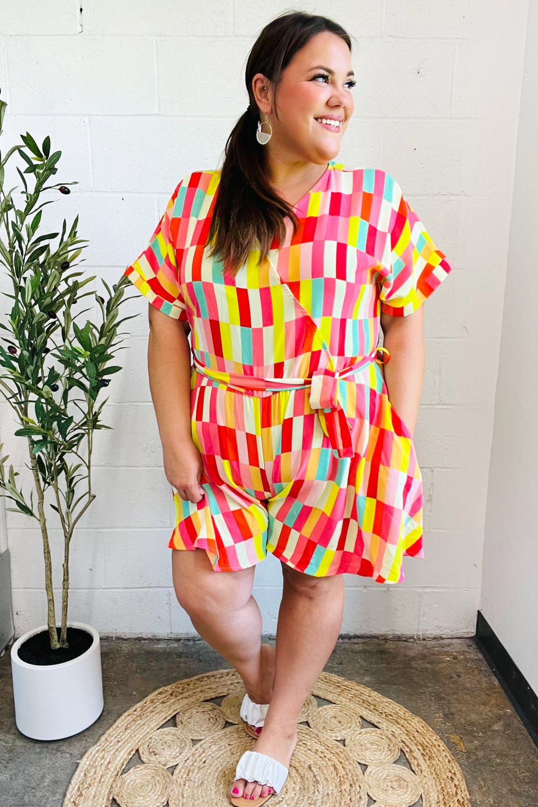 Eyes On You Coral Geo Abstract Surplice Woven Romper - Nikki &amp; Co. Boutique