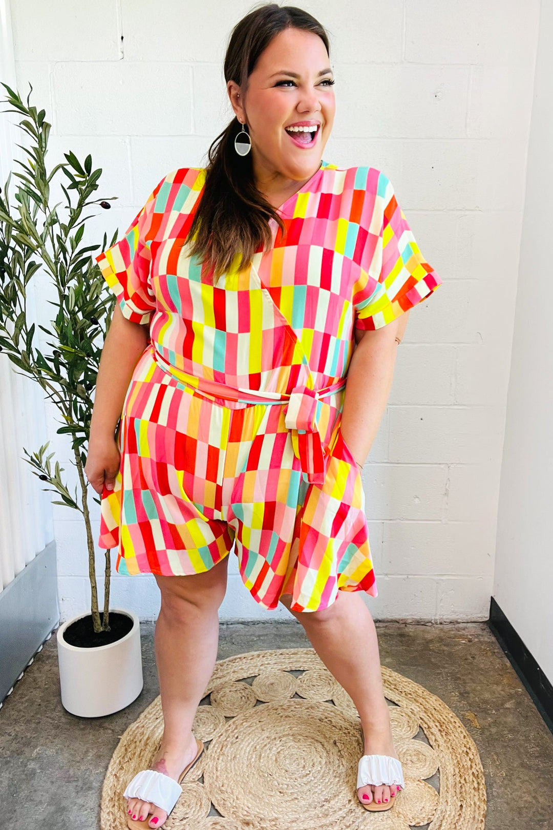 Eyes On You Coral Geo Abstract Surplice Woven Romper - Nikki &amp; Co. Boutique