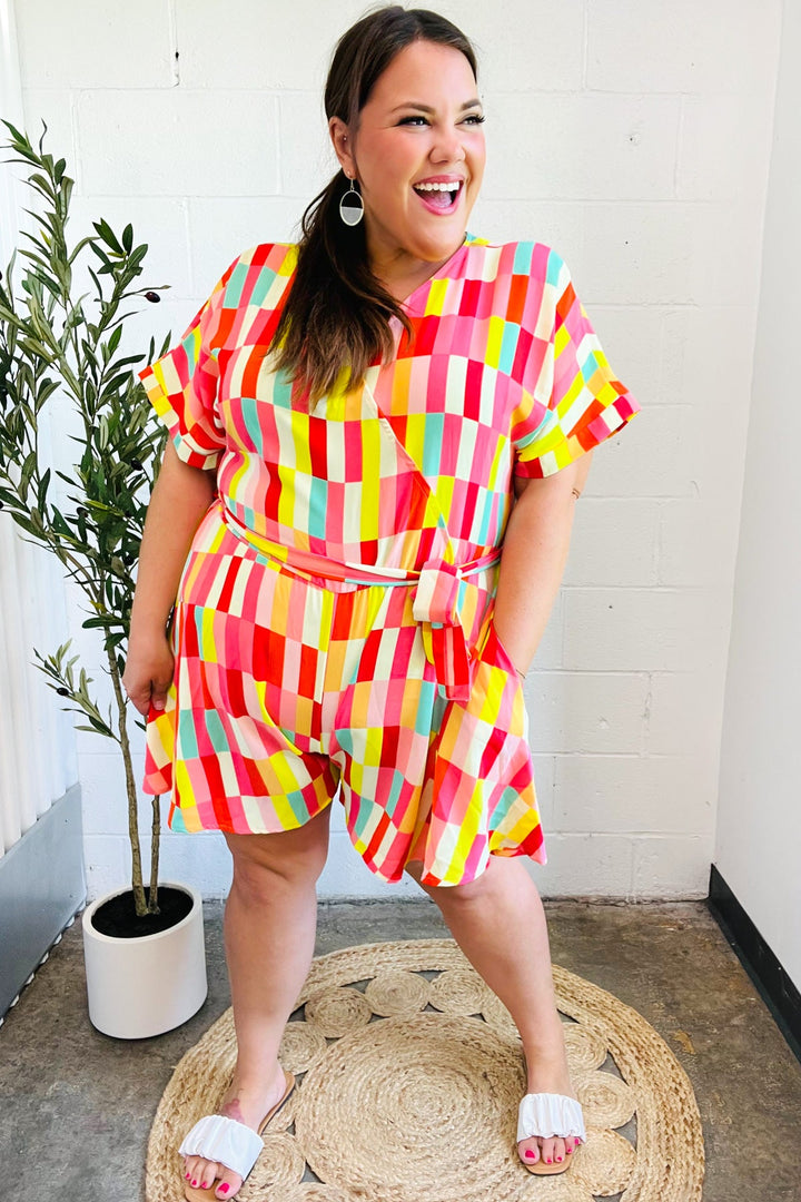 Eyes On You Coral Geo Abstract Surplice Woven Romper - Nikki &amp; Co. Boutique