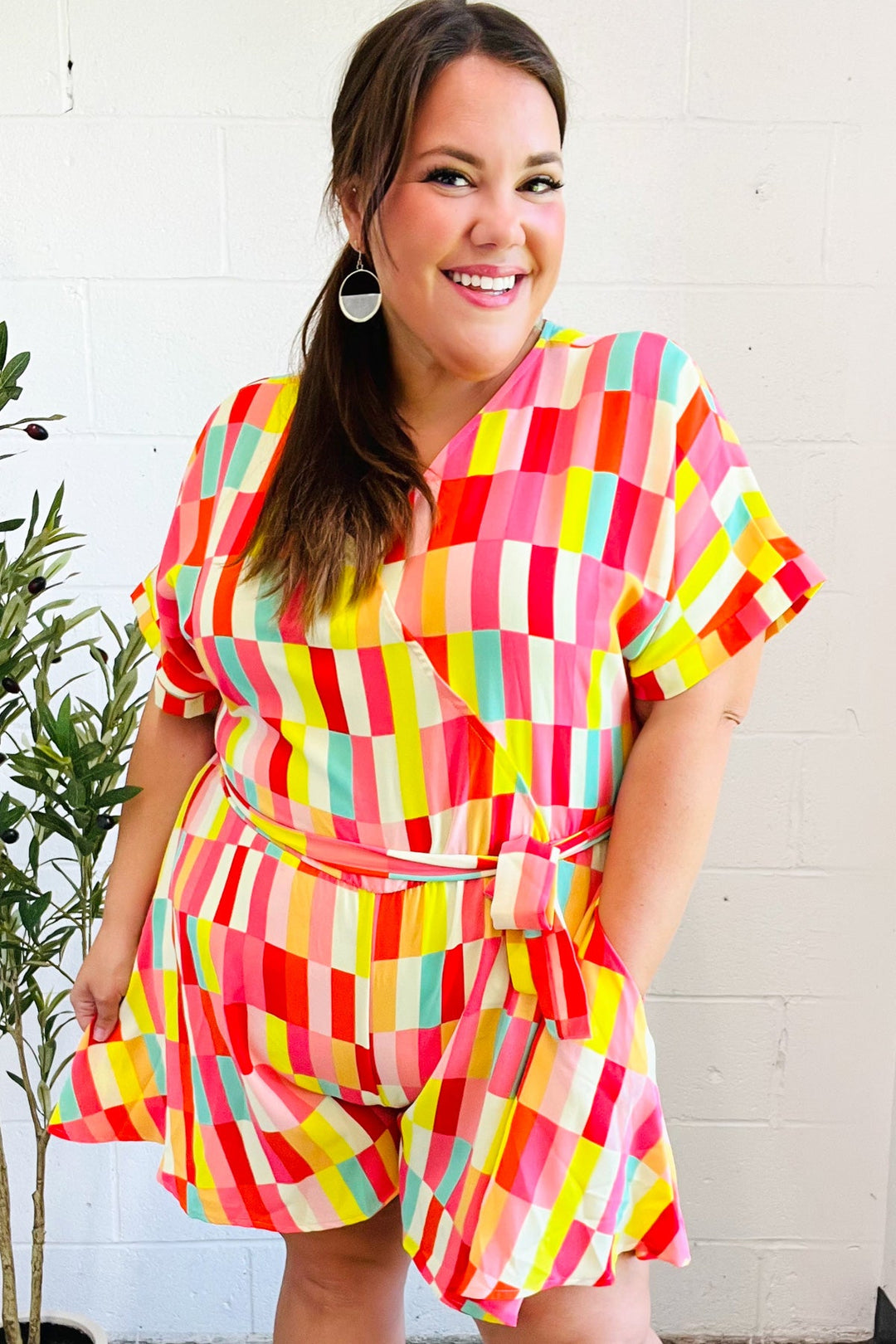 Eyes On You Coral Geo Abstract Surplice Woven Romper | Nikki & Co. Boutique