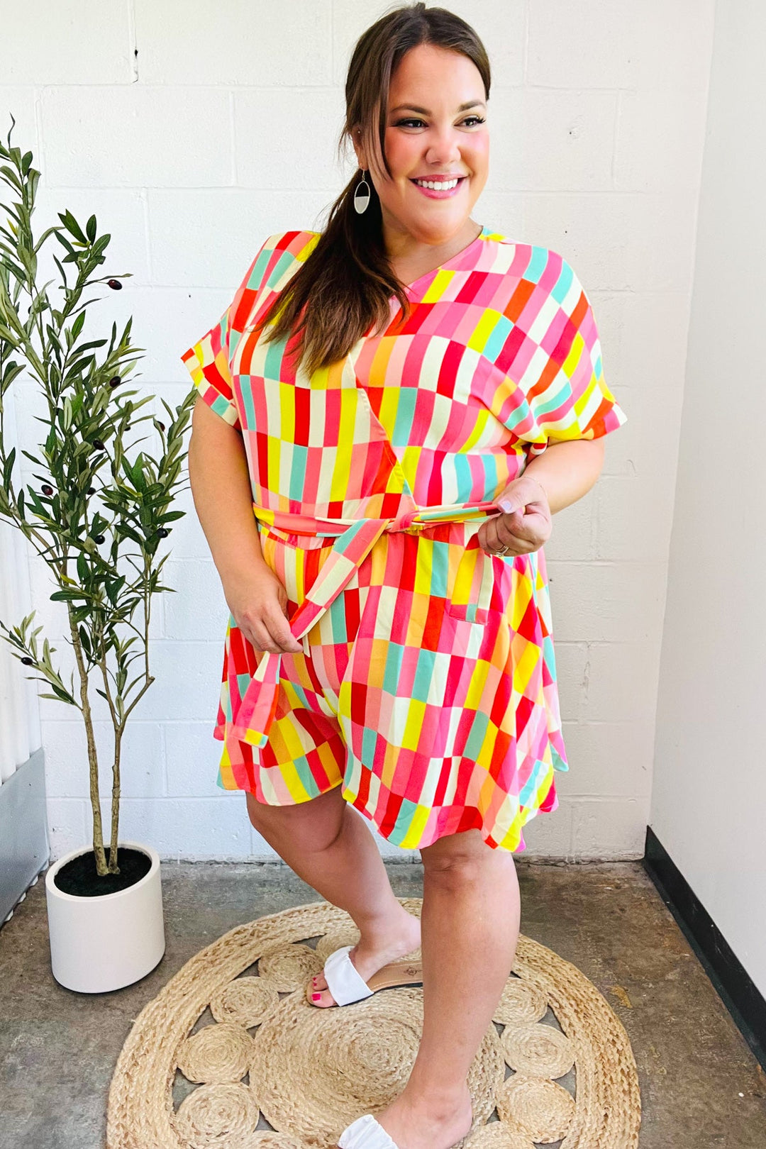 Eyes On You Coral Geo Abstract Surplice Woven Romper - Nikki &amp; Co. Boutique