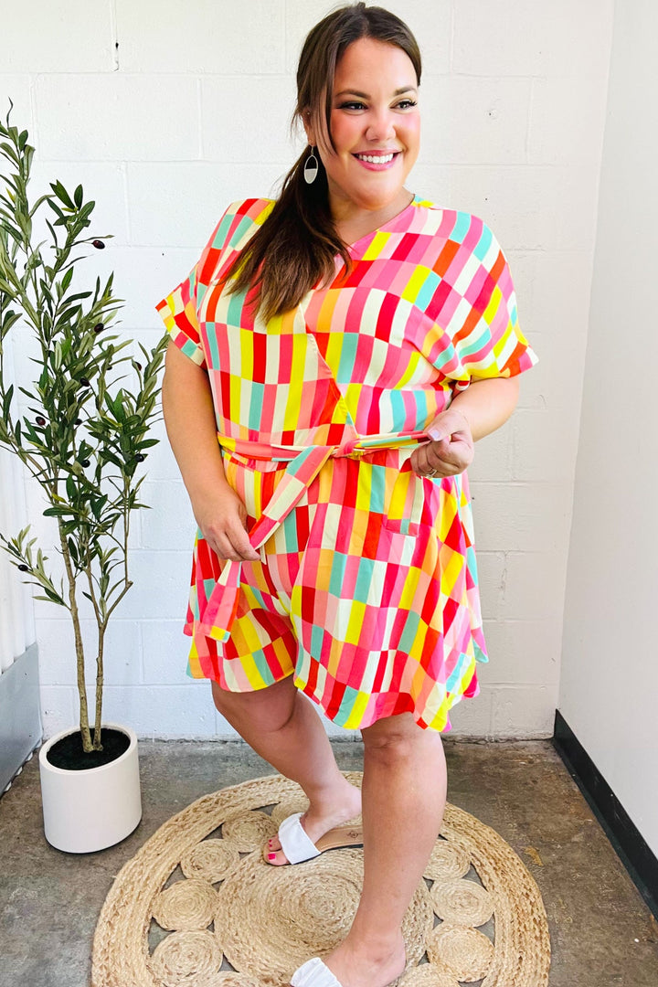 Eyes On You Coral Geo Abstract Surplice Woven Romper - Nikki &amp; Co. Boutique