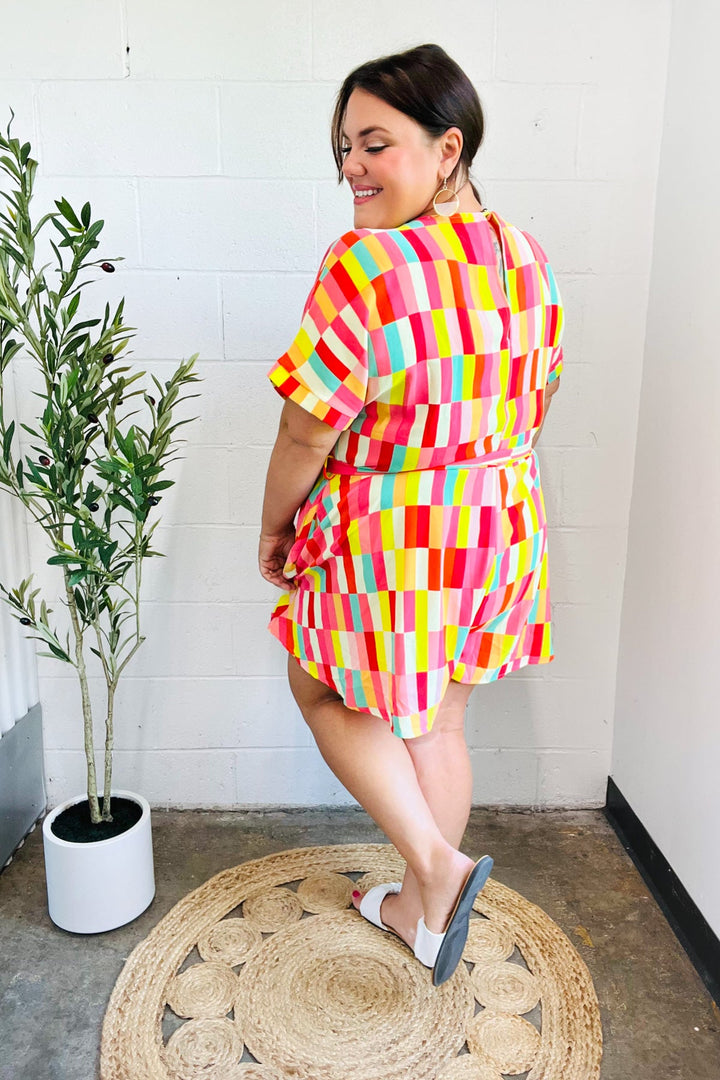 Eyes On You Coral Geo Abstract Surplice Woven Romper - Nikki &amp; Co. Boutique