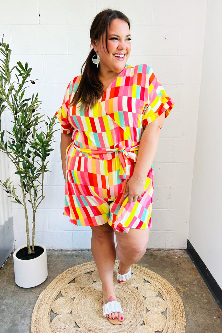 Eyes On You Coral Geo Abstract Surplice Woven Romper - Nikki &amp; Co. Boutique