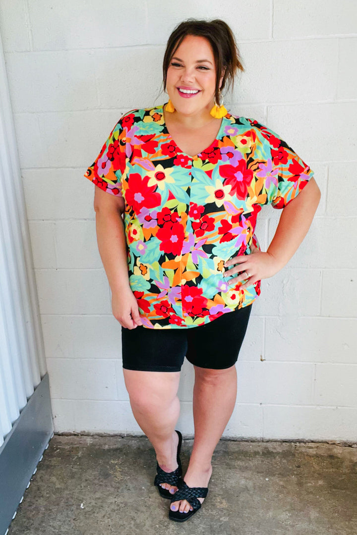 Multicolor Tropical Floral V Neck Drop Shoulder Tops | Nikki &amp; Co. Boutique