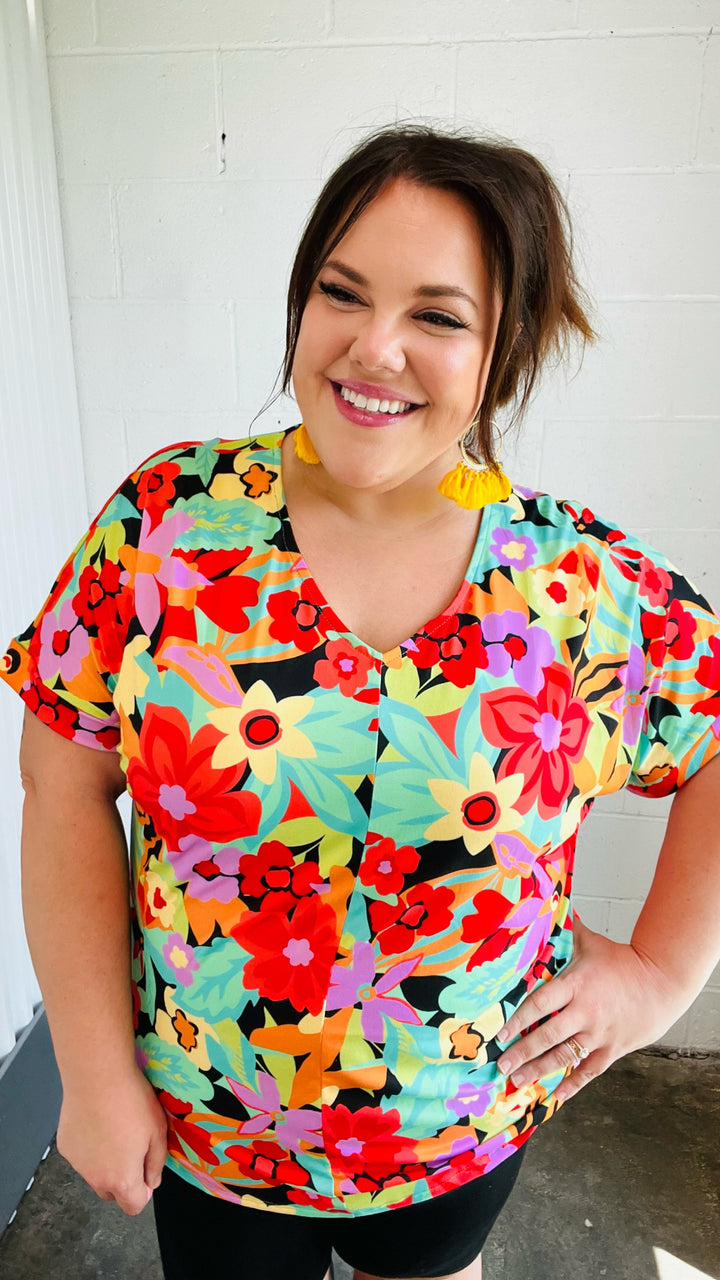 Multicolor Tropical Floral V Neck Drop Shoulder Tops | Nikki &amp; Co. Boutique