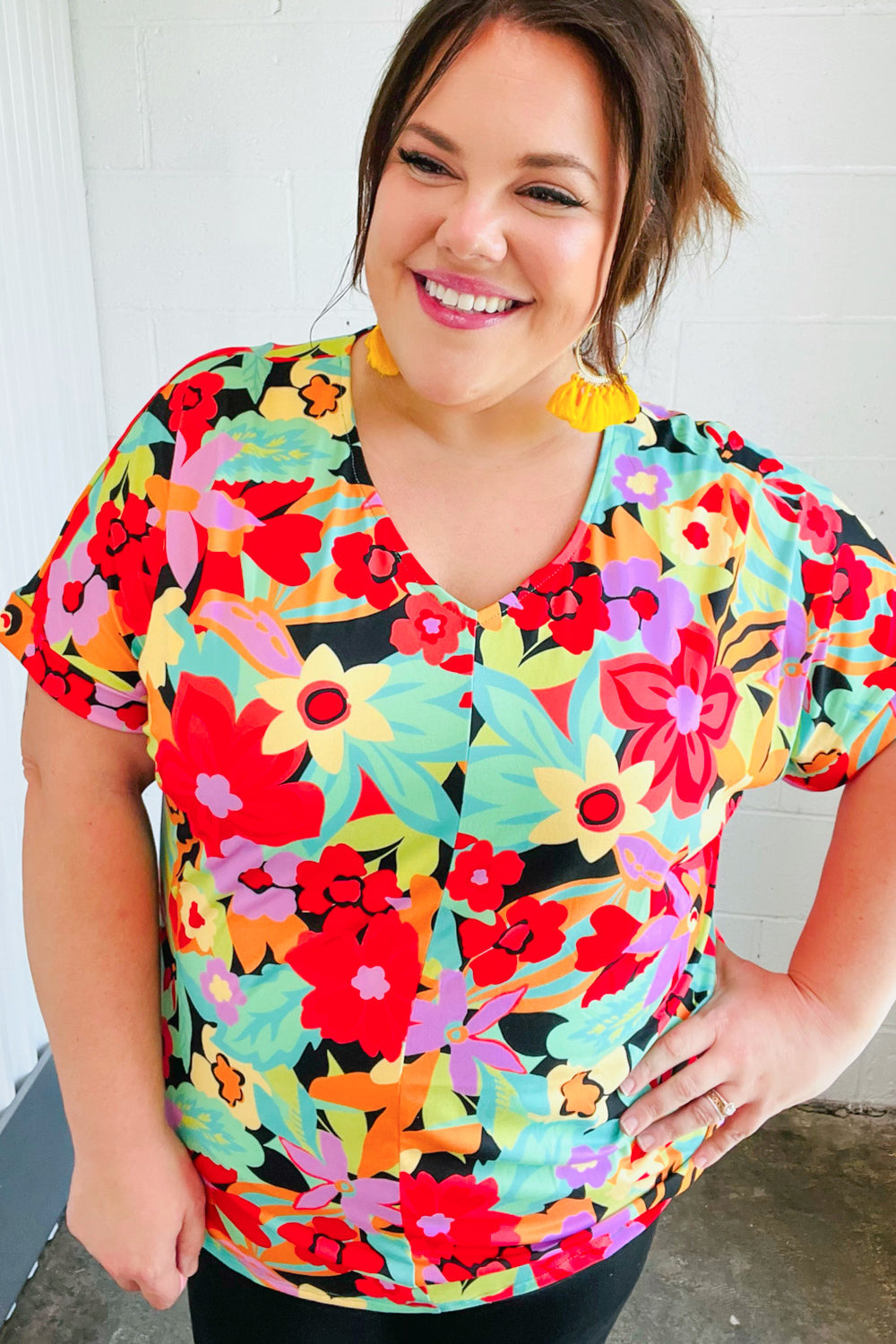 Multicolor Tropical Floral V Neck Drop Shoulder Tops | Nikki &amp; Co. Boutique