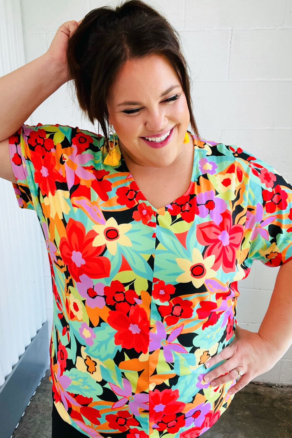 Multicolor Tropical Floral V Neck Drop Shoulder Tops | Nikki &amp; Co. Boutique