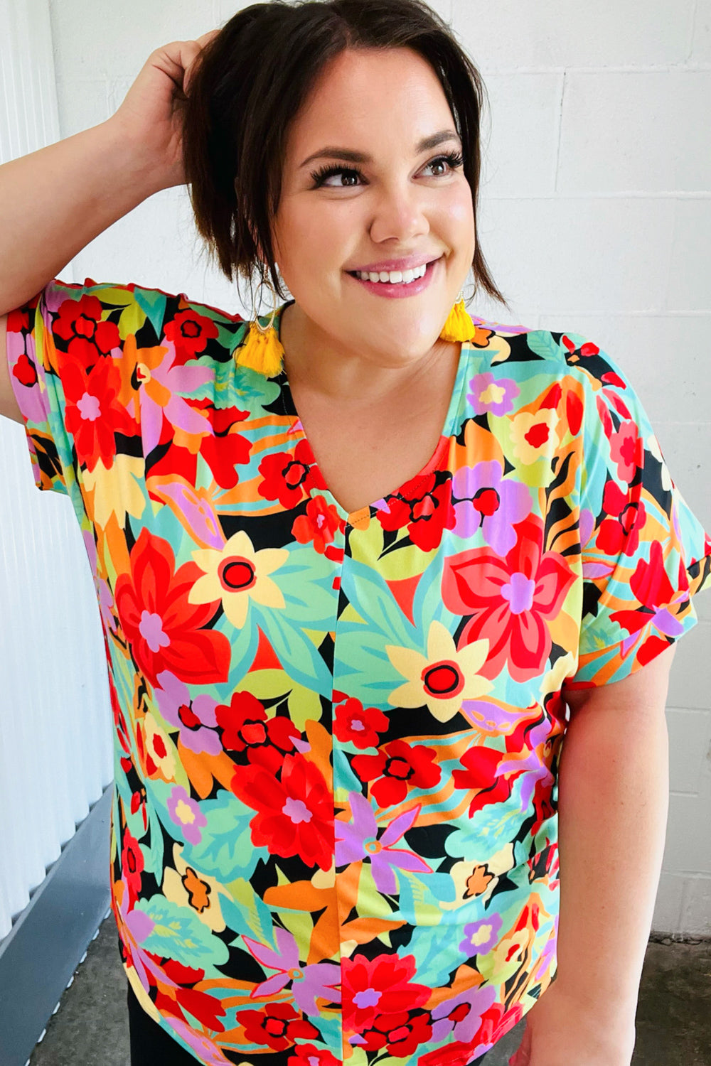 Multicolor Tropical Floral V Neck Drop Shoulder Tops | Nikki &amp; Co. Boutique