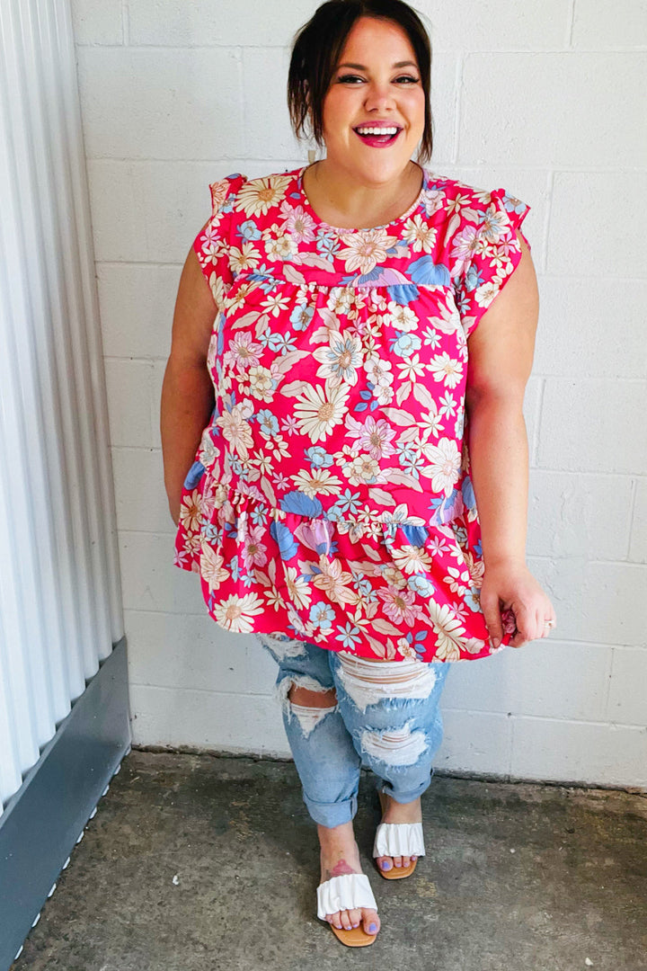 Fuchsia Floral Yoke Flutter Sleeve Back Neck Button Tops | Nikki &amp; Co. Boutique