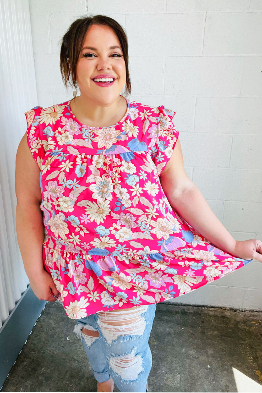 Fuchsia Floral Yoke Flutter Sleeve Back Neck Button Tops | Nikki &amp; Co. Boutique