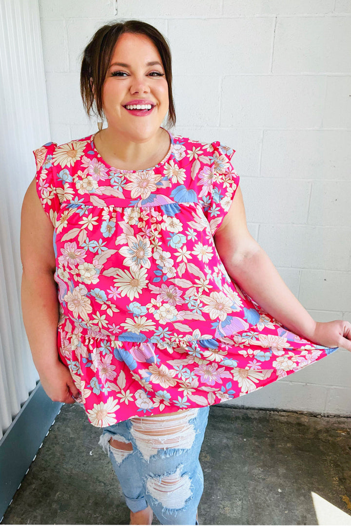 Fuchsia Floral Yoke Flutter Sleeve Back Neck Button Tops | Nikki &amp; Co. Boutique