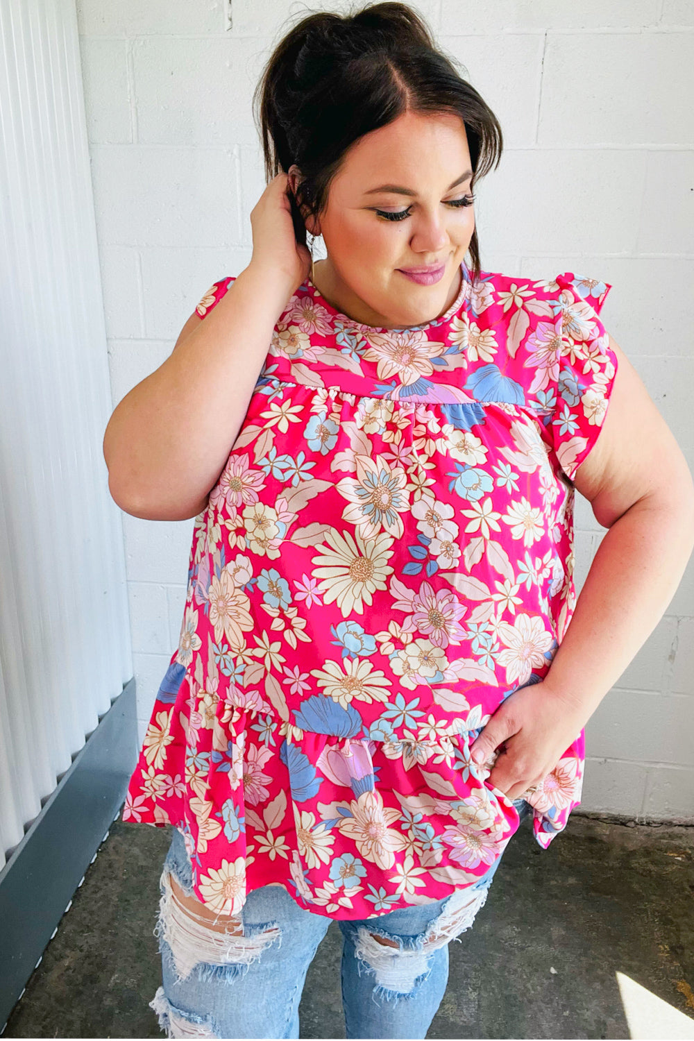 Fuchsia Floral Yoke Flutter Sleeve Back Neck Button Tops | Nikki &amp; Co. Boutique