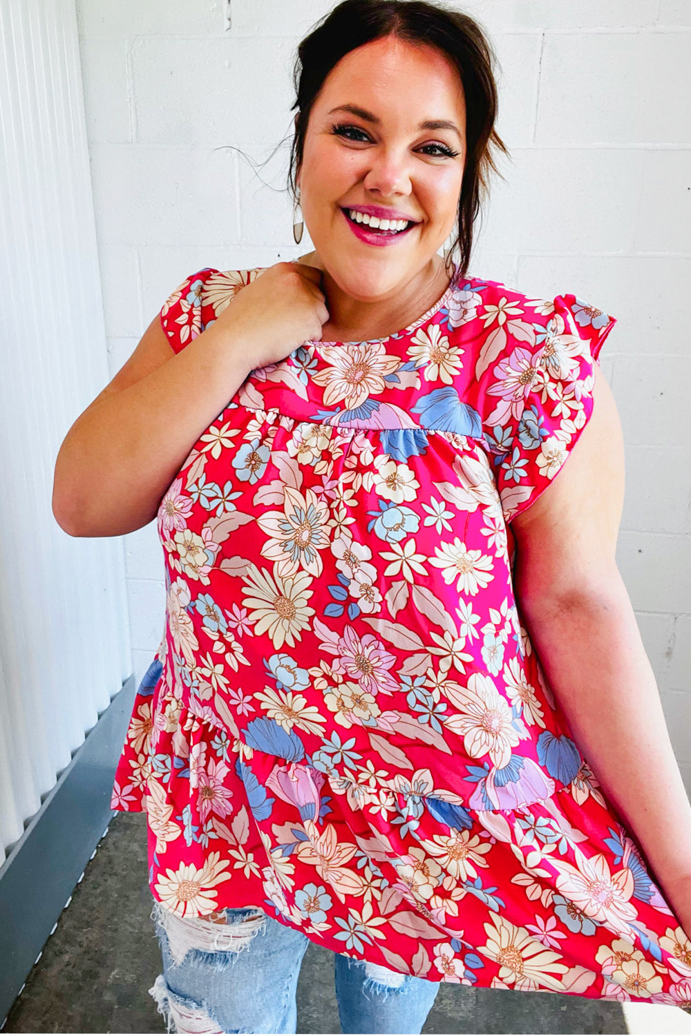 Fuchsia Floral Yoke Flutter Sleeve Back Neck Button Tops | Nikki &amp; Co. Boutique