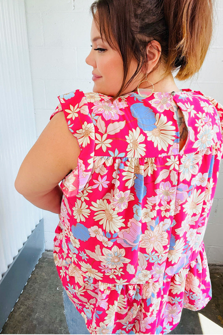 Fuchsia Floral Yoke Flutter Sleeve Back Neck Button Tops | Nikki &amp; Co. Boutique