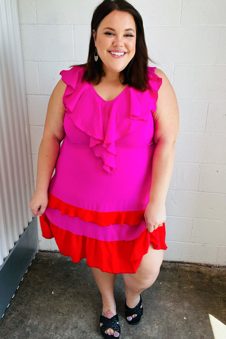 Fuchsia Ruffle V Neck Crepe Tiered Midi Dress | Nikki &amp; Co. Boutique