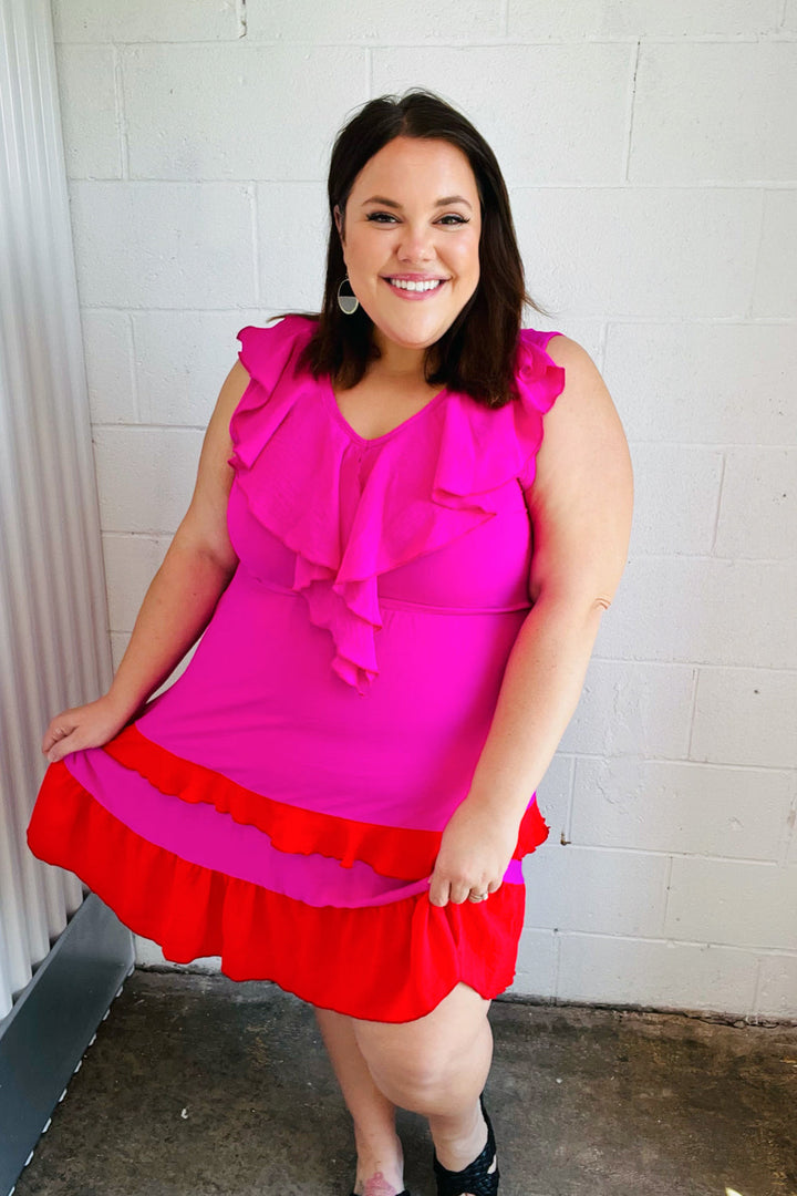 Fuchsia Ruffle V Neck Crepe Tiered Midi Dress | Nikki &amp; Co. Boutique