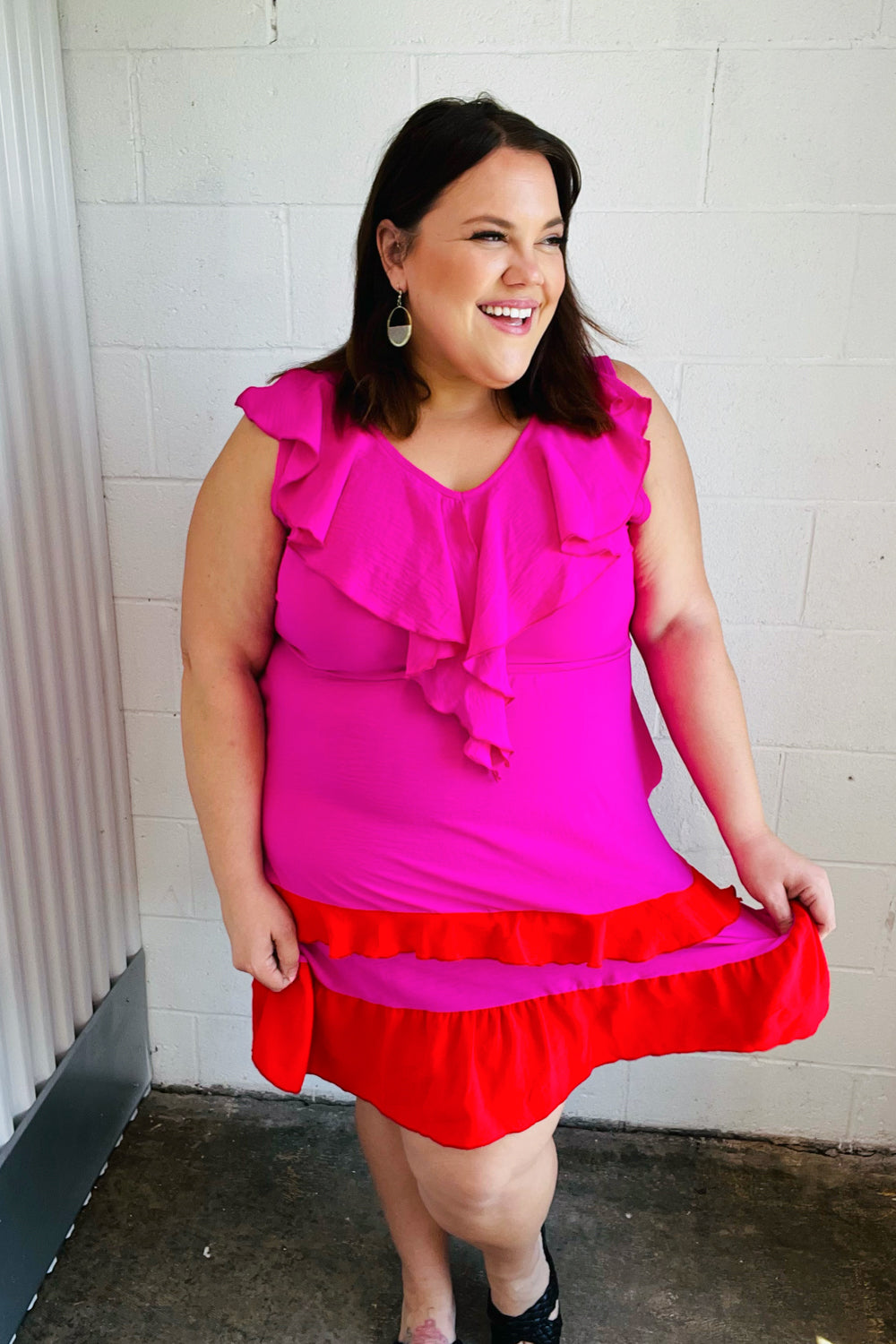 Fuchsia Ruffle V Neck Crepe Tiered Midi Dress | Nikki &amp; Co. Boutique