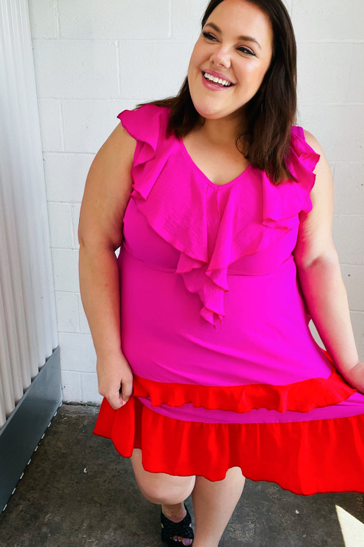 Fuchsia Ruffle V Neck Crepe Tiered Midi Dress | Nikki &amp; Co. Boutique