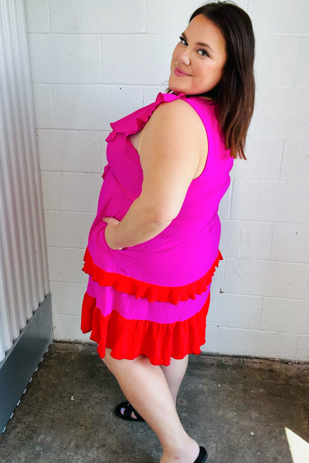 Fuchsia Ruffle V Neck Crepe Tiered Midi Dress | Nikki &amp; Co. Boutique