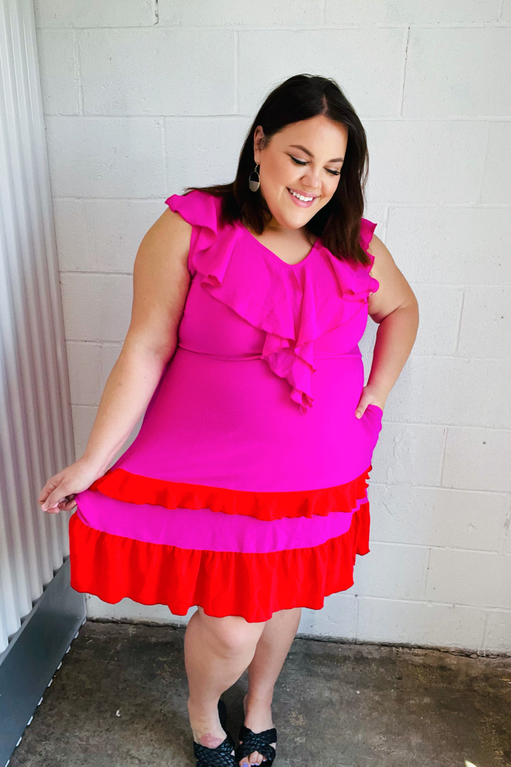 Fuchsia Ruffle V Neck Crepe Tiered Midi Dress | Nikki &amp; Co. Boutique