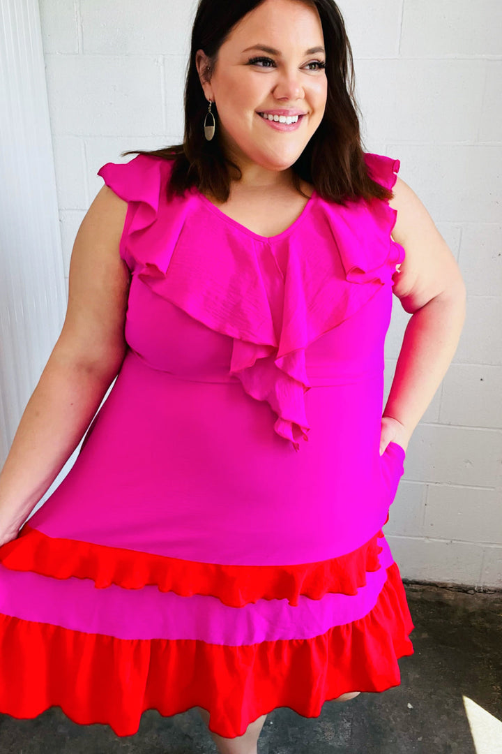 Fuchsia Ruffle V Neck Crepe Tiered Midi Dress | Nikki &amp; Co. Boutique