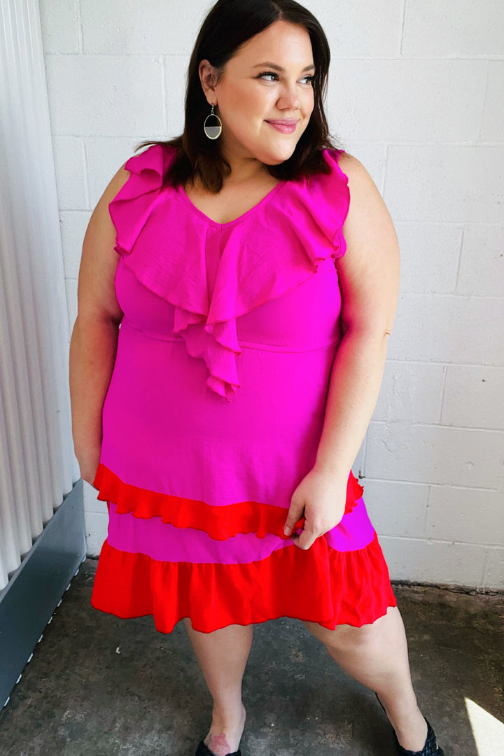 Fuchsia Ruffle V Neck Crepe Tiered Midi Dress | Nikki &amp; Co. Boutique