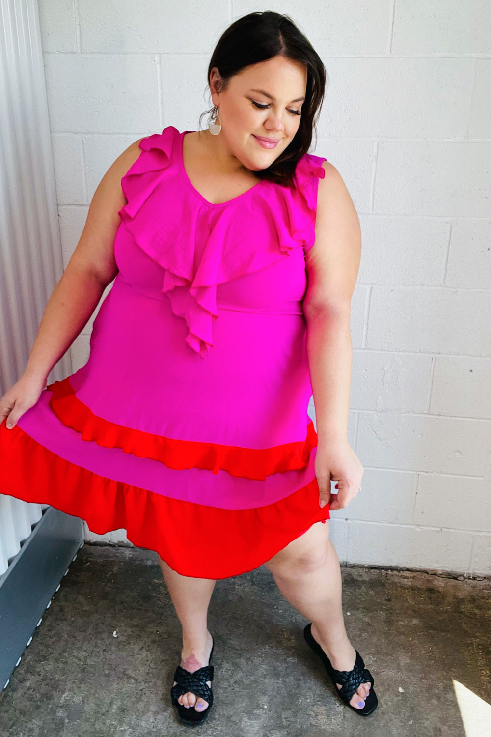 Fuchsia Ruffle V Neck Crepe Tiered Midi Dress | Nikki &amp; Co. Boutique