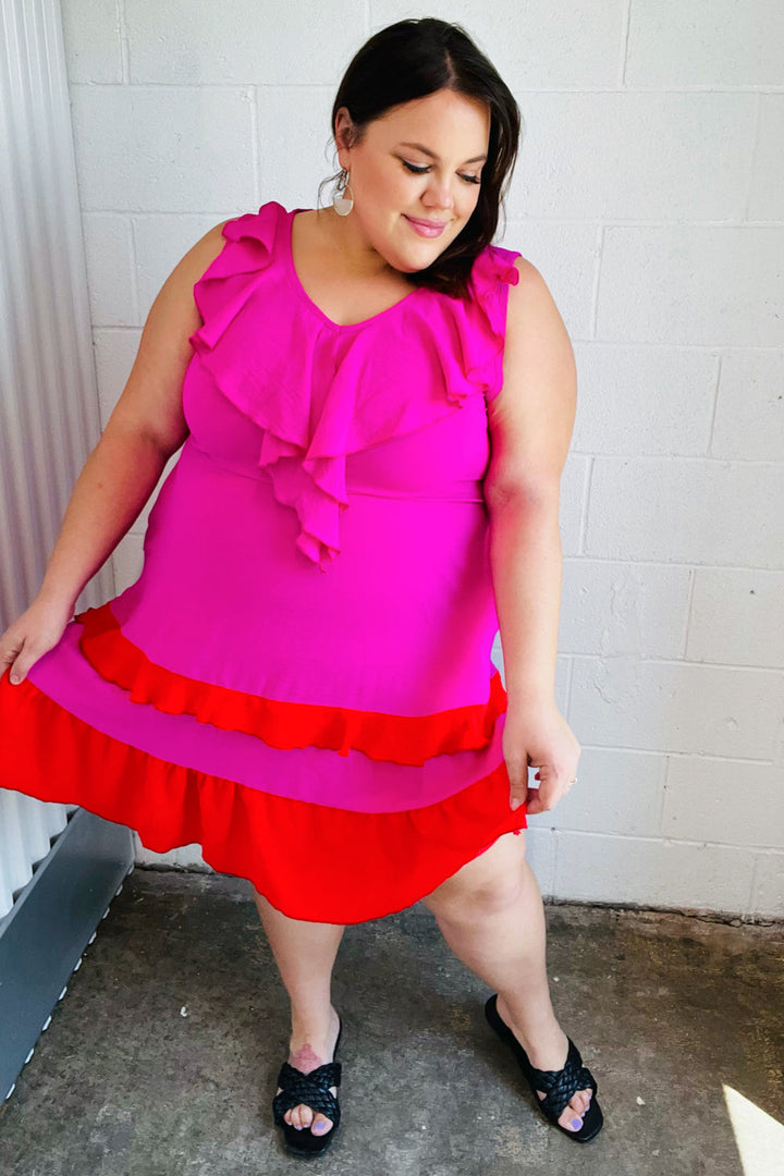 Fuchsia Ruffle V Neck Crepe Tiered Midi Dress | Nikki &amp; Co. Boutique