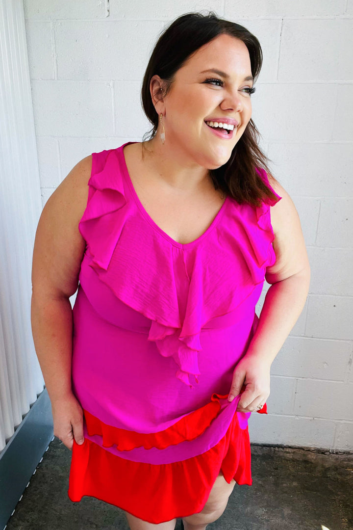 Fuchsia Ruffle V Neck Crepe Tiered Midi Dress | Nikki &amp; Co. Boutique