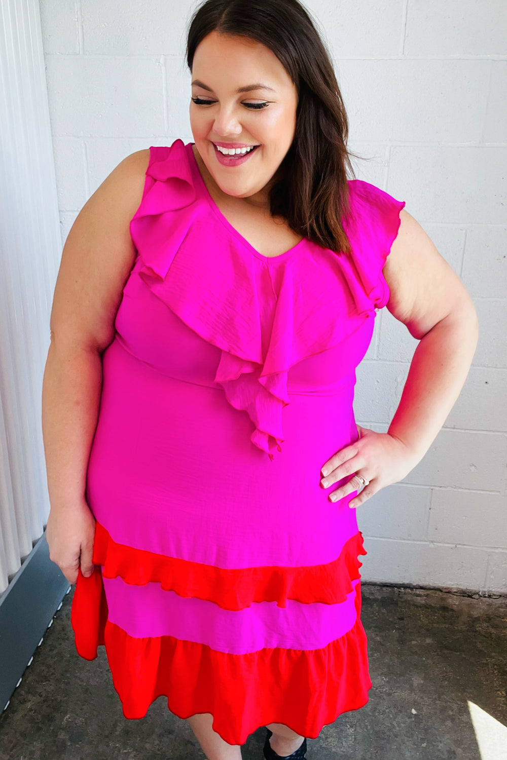 Fuchsia Ruffle V Neck Crepe Tiered Midi Dress | Nikki &amp; Co. Boutique