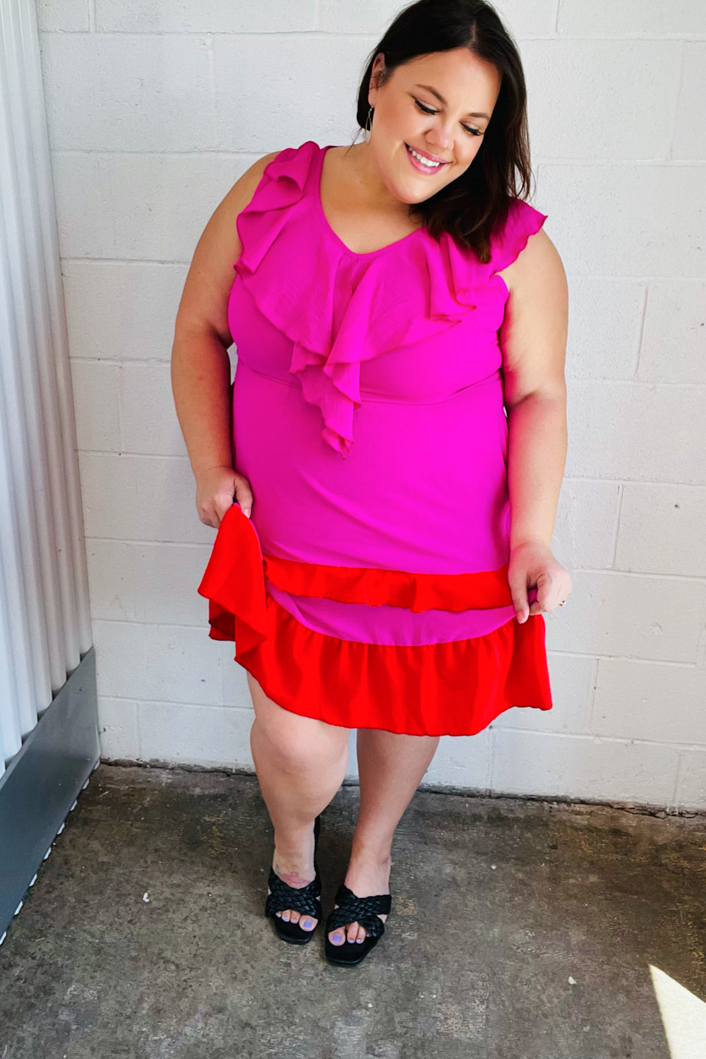 Fuchsia Ruffle V Neck Crepe Tiered Midi Dress | Nikki &amp; Co. Boutique