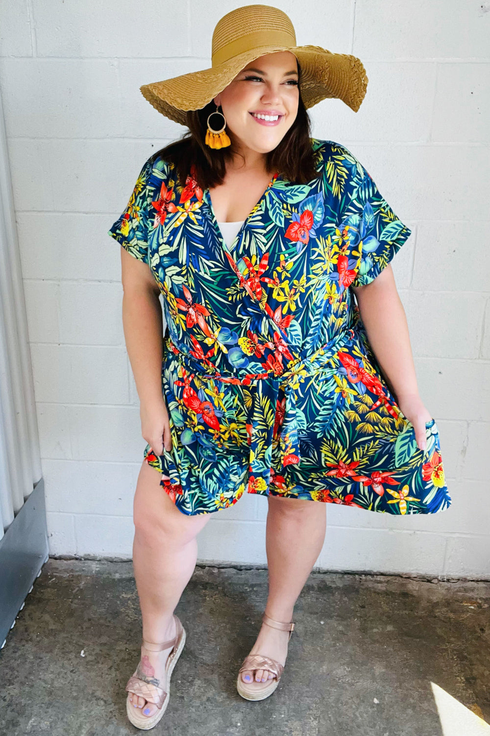 Navy Tropical Floral Surplice Romper | Nikki &amp; Co. Boutique