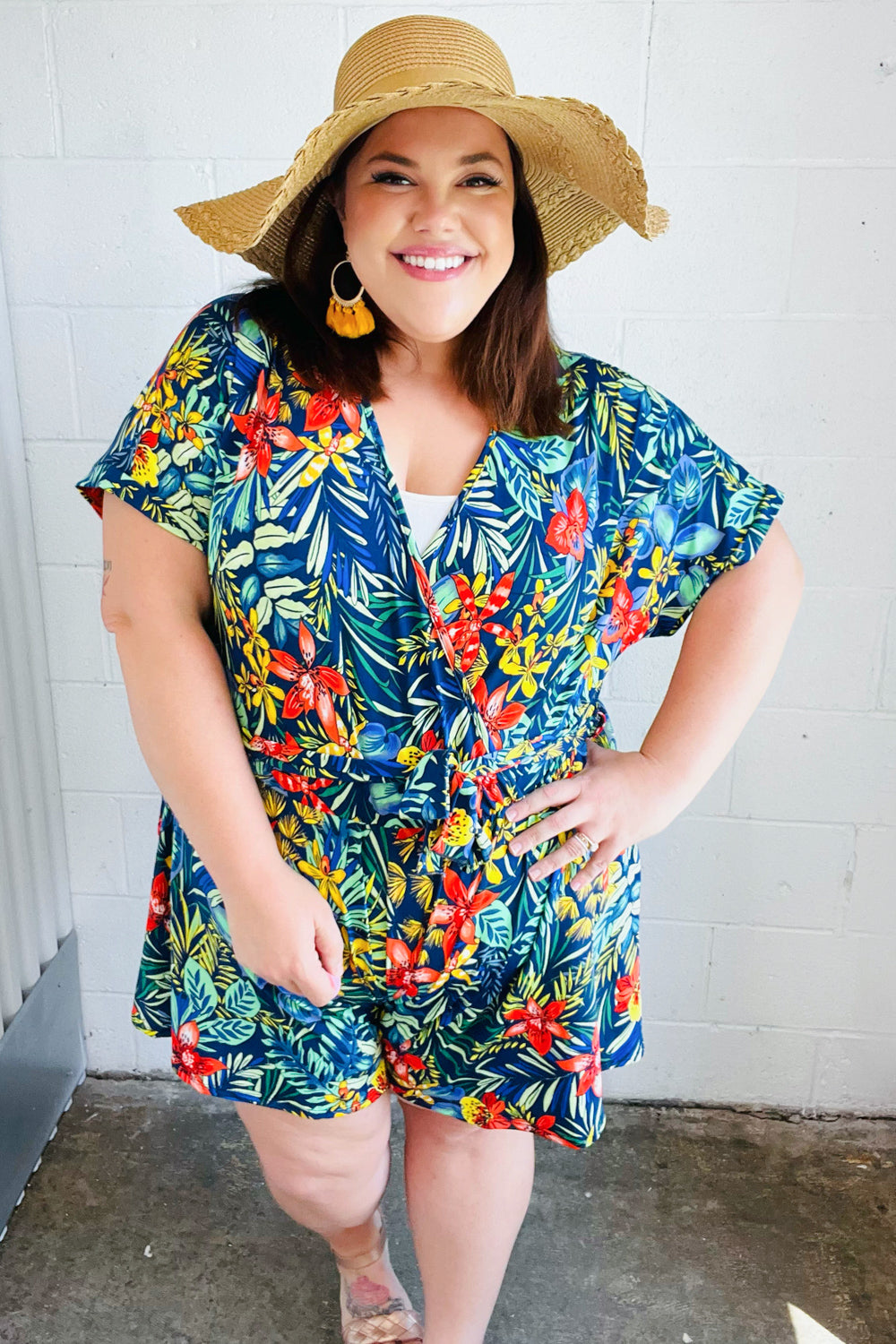 Navy Tropical Floral Surplice Romper | Nikki &amp; Co. Boutique
