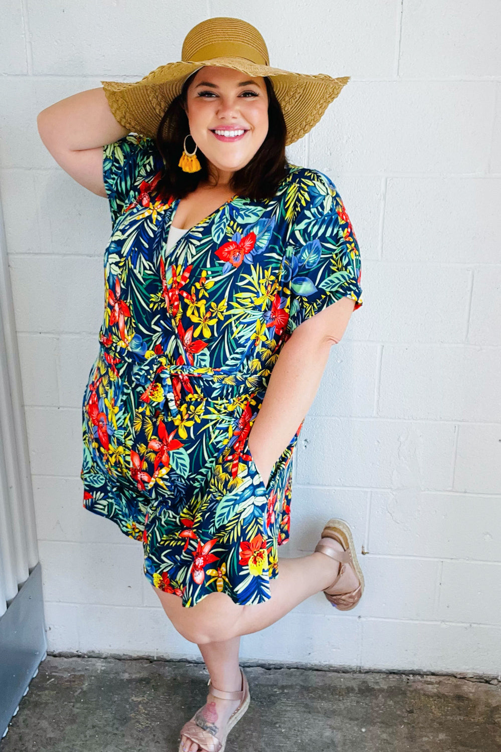 Navy Tropical Floral Surplice Romper | Nikki &amp; Co. Boutique