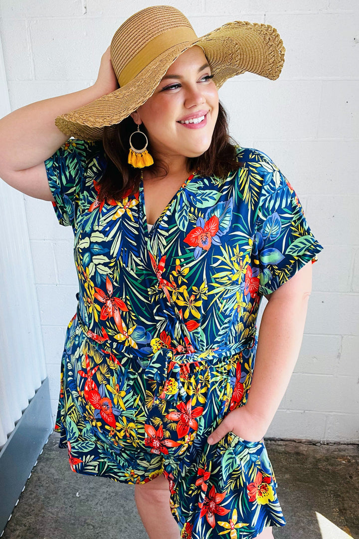 Navy Tropical Floral Surplice Romper | Nikki &amp; Co. Boutique