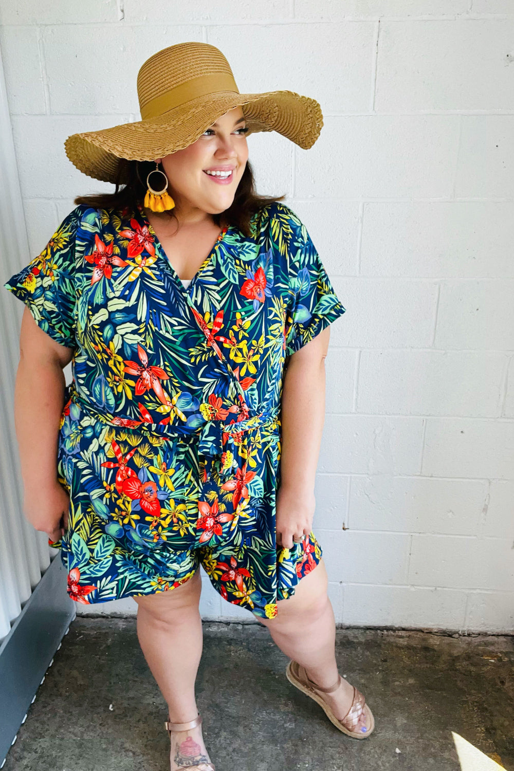 Navy Tropical Floral Surplice Romper | Nikki &amp; Co. Boutique
