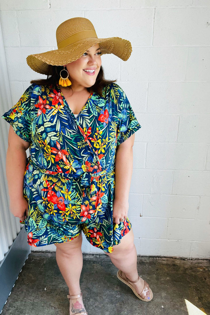 Navy Tropical Floral Surplice Romper | Nikki &amp; Co. Boutique