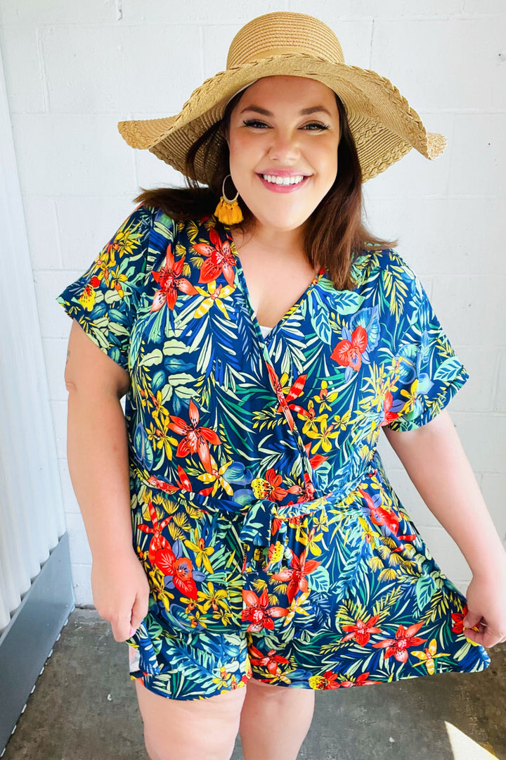 Navy Tropical Floral Surplice Romper | Nikki &amp; Co. Boutique