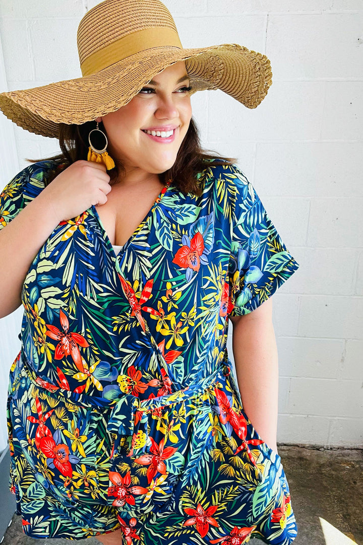 Navy Tropical Floral Surplice Romper | Nikki &amp; Co. Boutique