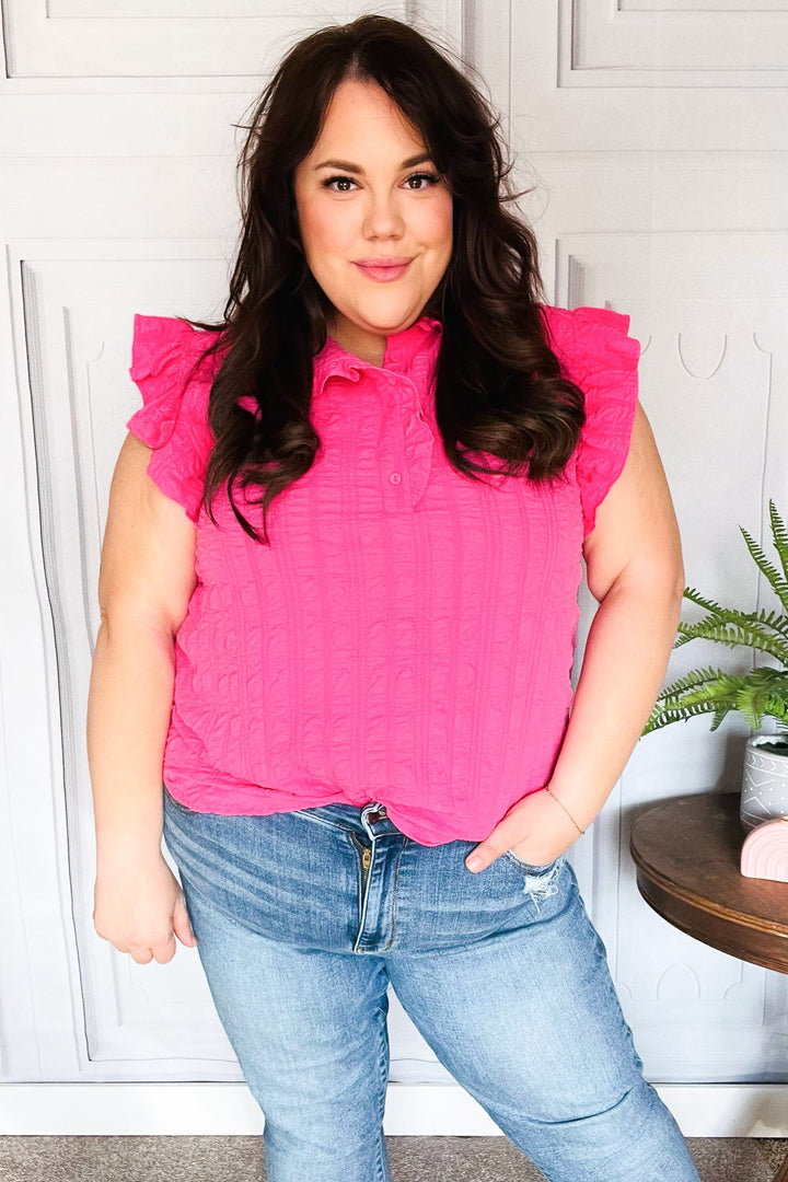 Glamorous In Hot Pink Textured Ruffle Mock Neck Tops | Nikki &amp; Co. Boutique
