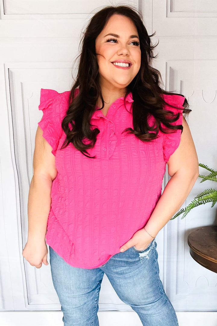 Glamorous In Hot Pink Textured Ruffle Mock Neck Tops | Nikki &amp; Co. Boutique