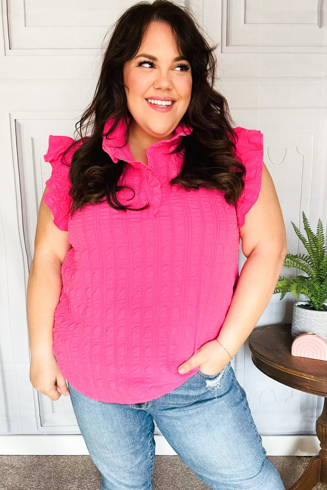 Glamorous In Hot Pink Textured Ruffle Mock Neck Tops | Nikki &amp; Co. Boutique