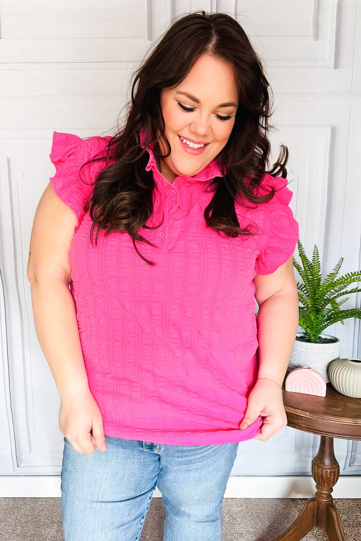 Glamorous In Hot Pink Textured Ruffle Mock Neck Tops | Nikki &amp; Co. Boutique