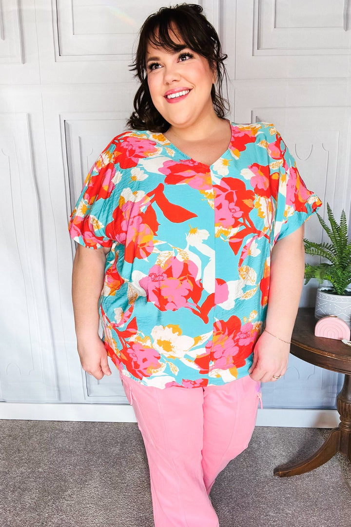 Weekend Ready Aqua &amp; Coral Floral V Neck Woven Tops | Nikki &amp; Co. Boutique